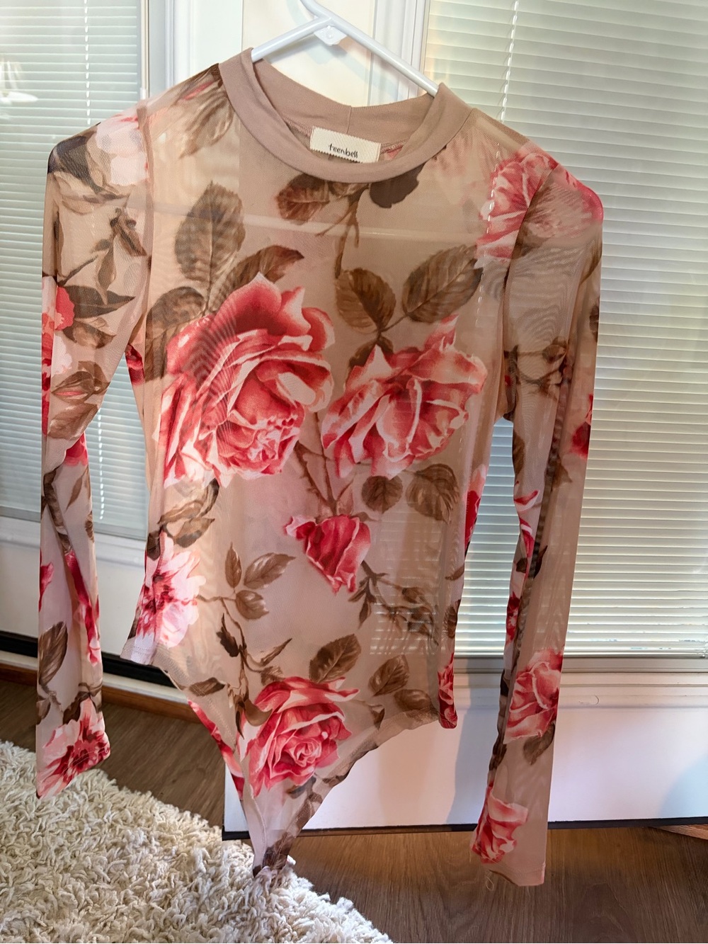 Free People Beige Floral Mesh Long-Sleeve Bodysuit - Pink Rose Print